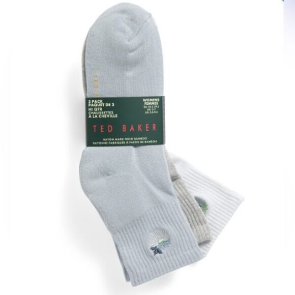 Ted Baker Blue Gray White High Quarter Crew Floral Embroidery Stretch Socks 3pk - Picture 9 of 12